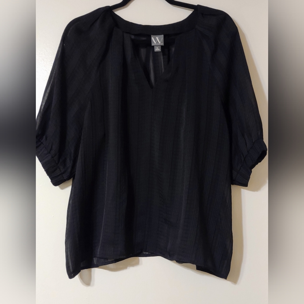 Worthington Sheer Black Split-V Blouse with Elbow Sleeves